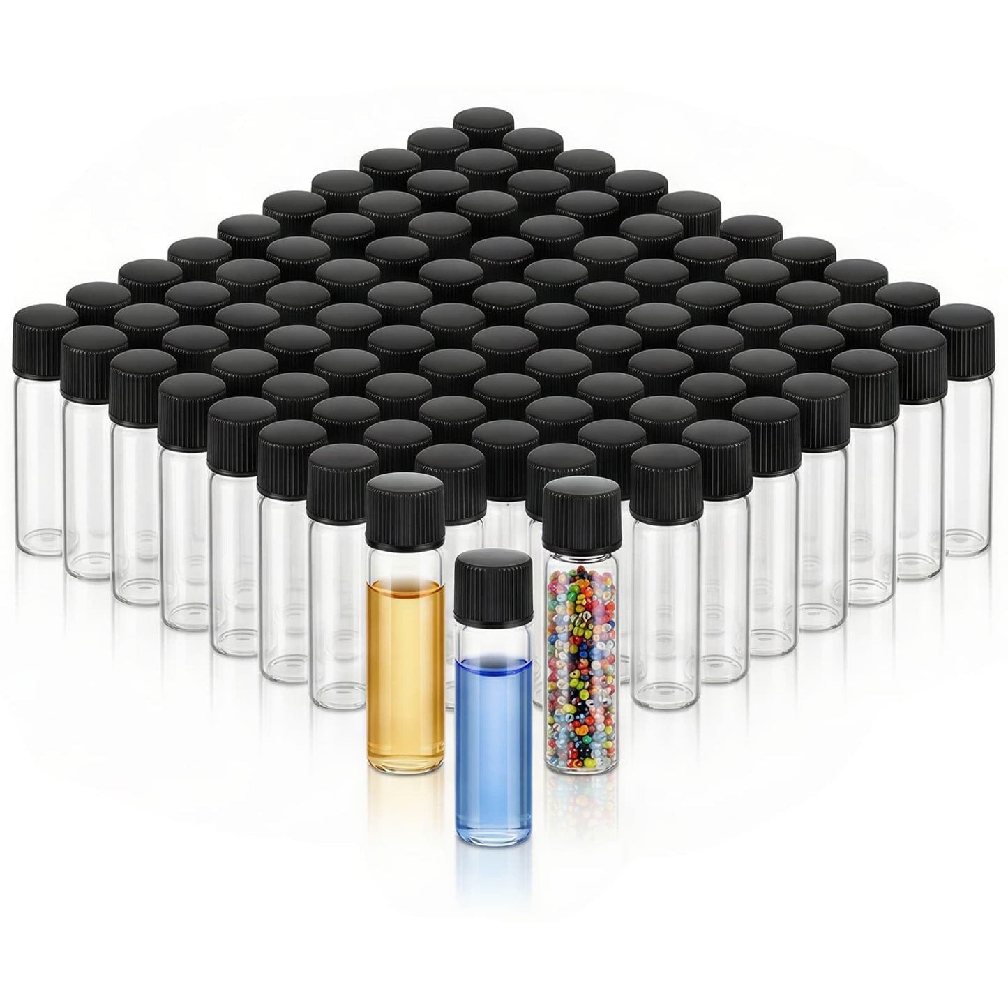 100Pcs 5ml 1Dram Glass Bottles with Black Caps - 1/6 oz Small Travel Vials for Essential Oil Blends, Serums & Cosmetic Samples - Refillable Clear Empty Jars for Wedding Favors, Potions, and Art Crafts