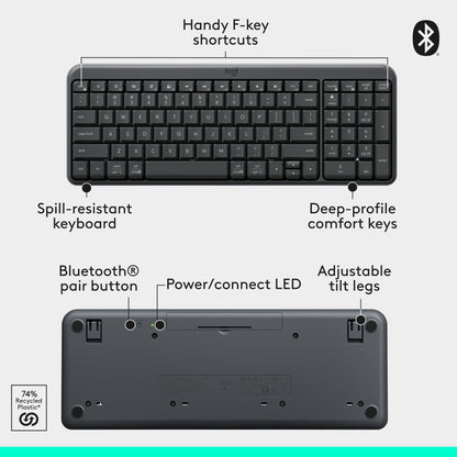 Logitech K250 Bluetooth Keyboard with Numpad, Easy Connectivity, Compact Wireless Keyboard Made with Recycled Plastic, Spill-Resistant, Comfortable Keys - Windows/MacOS - Graphite
