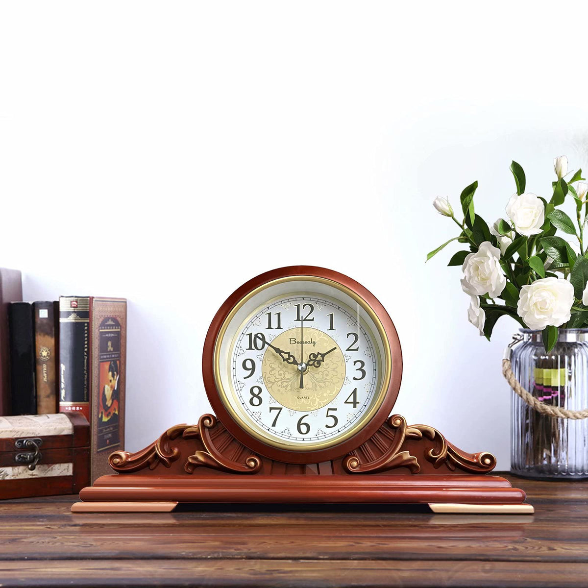 Beesealy Mantel Clock, Antique Desk Clock, Modern Quartz Movement-Continuous Scanning (Ultra-Quiet), Suitable for Mantel/Desktop, Living Room Decoration (Brown)