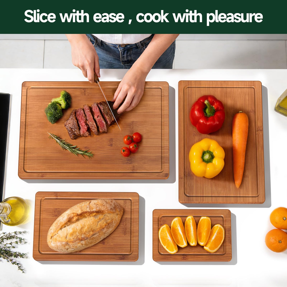 Zeawec 4-Piece Set Deep-Carbonized Bamboo Cutting Board for Kitchen - Crack-Resistant Wood Chopping Boards with Deep Juice Grooves, Pre-Oiled Butcher Block for Meat, Vegetables & Cheese, Carbonized
