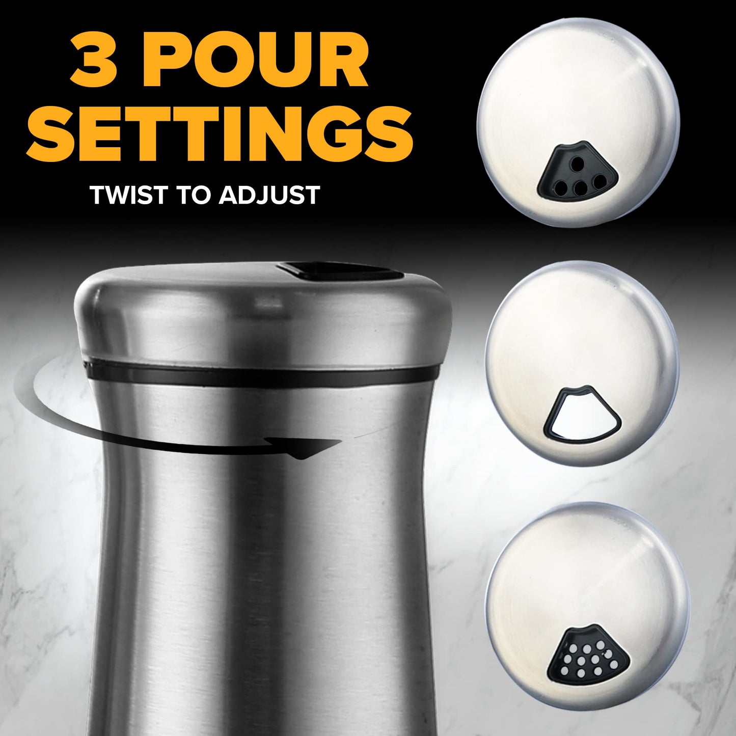 Salt and Pepper Shaker Set, Stainless Steel & Glass Spice Shakers, Adjustable Pour Holes, Refillable Salt & Pepper Dispensers for Kitchen & Dining Table Set of 2 Bottles