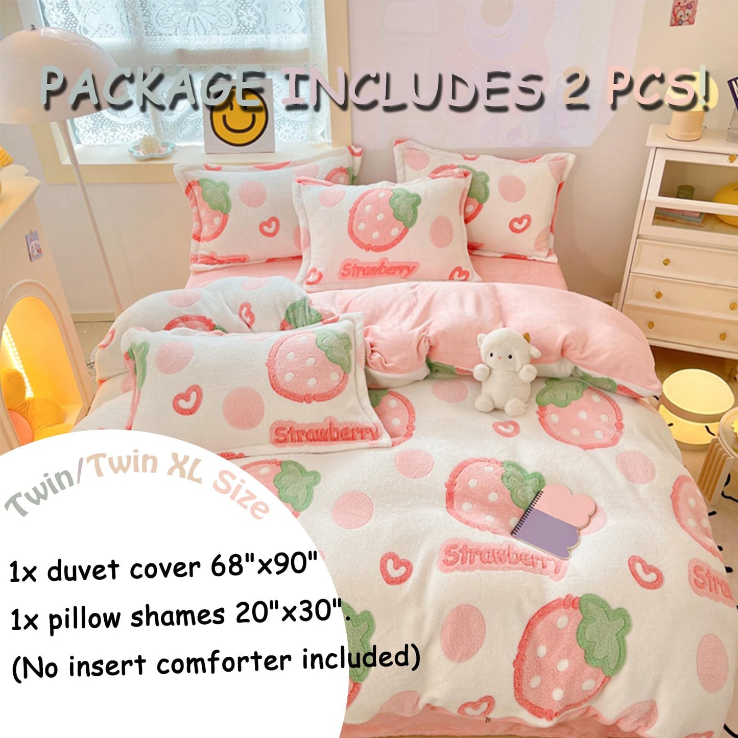 MorroMorn Twin Duvet Cover Set, Pink Strawberry Cute Bedding Sets, Fluffy Comforter Covers Lightweight Blanket Ultra Soft Kawaii for Girls Kids Toddler Teen Women Twin/Twin XL Size