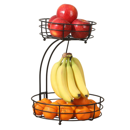 Gibson Home Harvest Season Two-Tier Fruit Basket with Banana Hanger – Black Metal Countertop Produce Stand – Kitchen Storage Organizer for Apples, Oranges, Bananas – Durable Iron Wire Frame