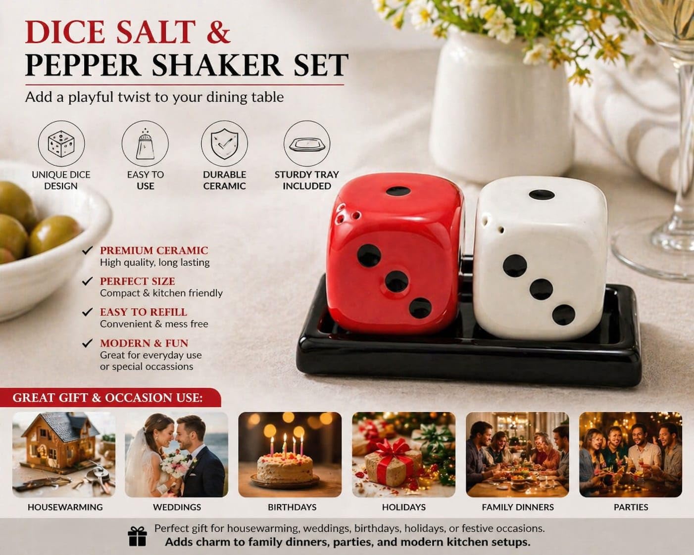 Ceramic Salt & Pepper Shaker Set with Tray – Refillable Stoneware Seasoning Jars, Food Safe Lead-Free Spice Dispenser, Durable Kitchen Tableware, Dining Table Decor & Home Gift Set, 2.5 Inch