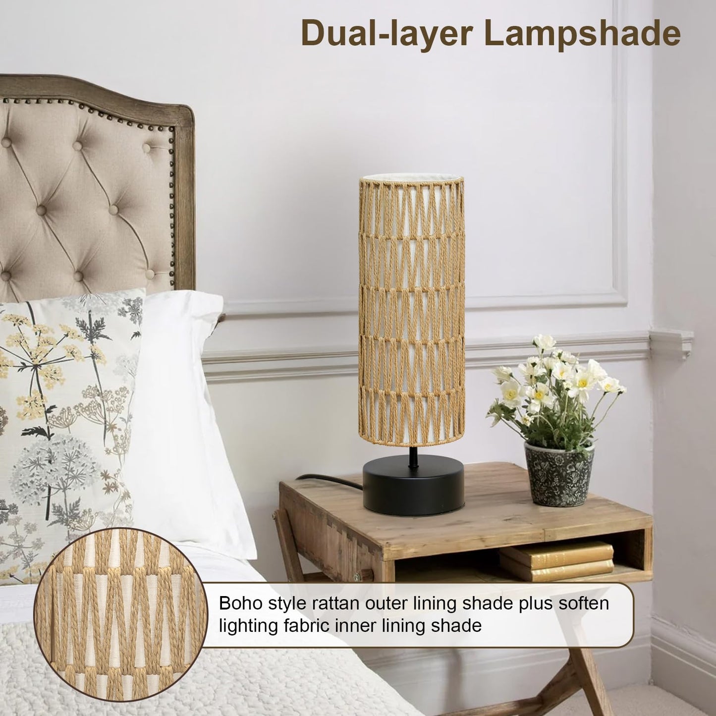 Rattan Table Lamp, Touch Control Bedside Table Lamp with Black Base, 3 Way Dimmable Nightstand Lamp with Dual-layer Shade, Boho Night Light for Bedroom Living Room Home Office, 9W LED Bulb Included
