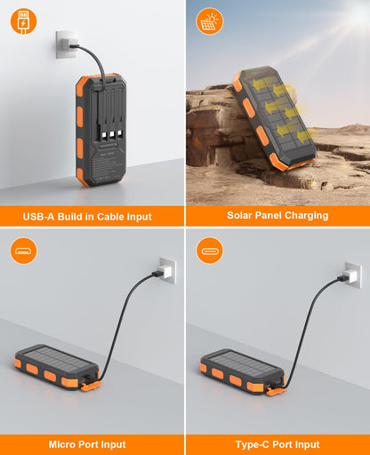 Solar Charger Power Bank 38800mAh, PD 22.5W USB-C Fast Charging Portable Charger with 4 Built-in Cables, External Battery Pack with Dual LED Emergency Flashlights for Camping, Hiking, Outdoor Use