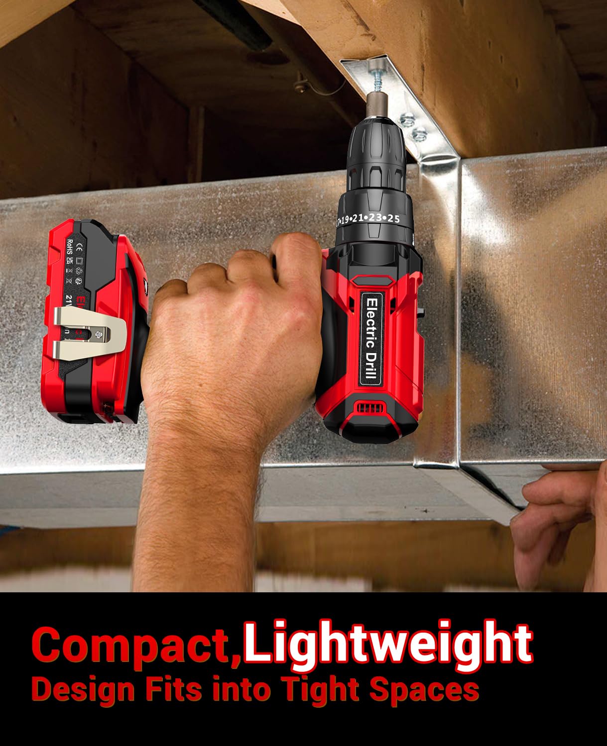 Power Drill Set 21V, Cordless Hammer Drill with 2 Batteries 2.0Ah,42N.m Max, 25+3 Torque, 2 Speed, LED Light, 20pcs Bits Electric Drills for Home