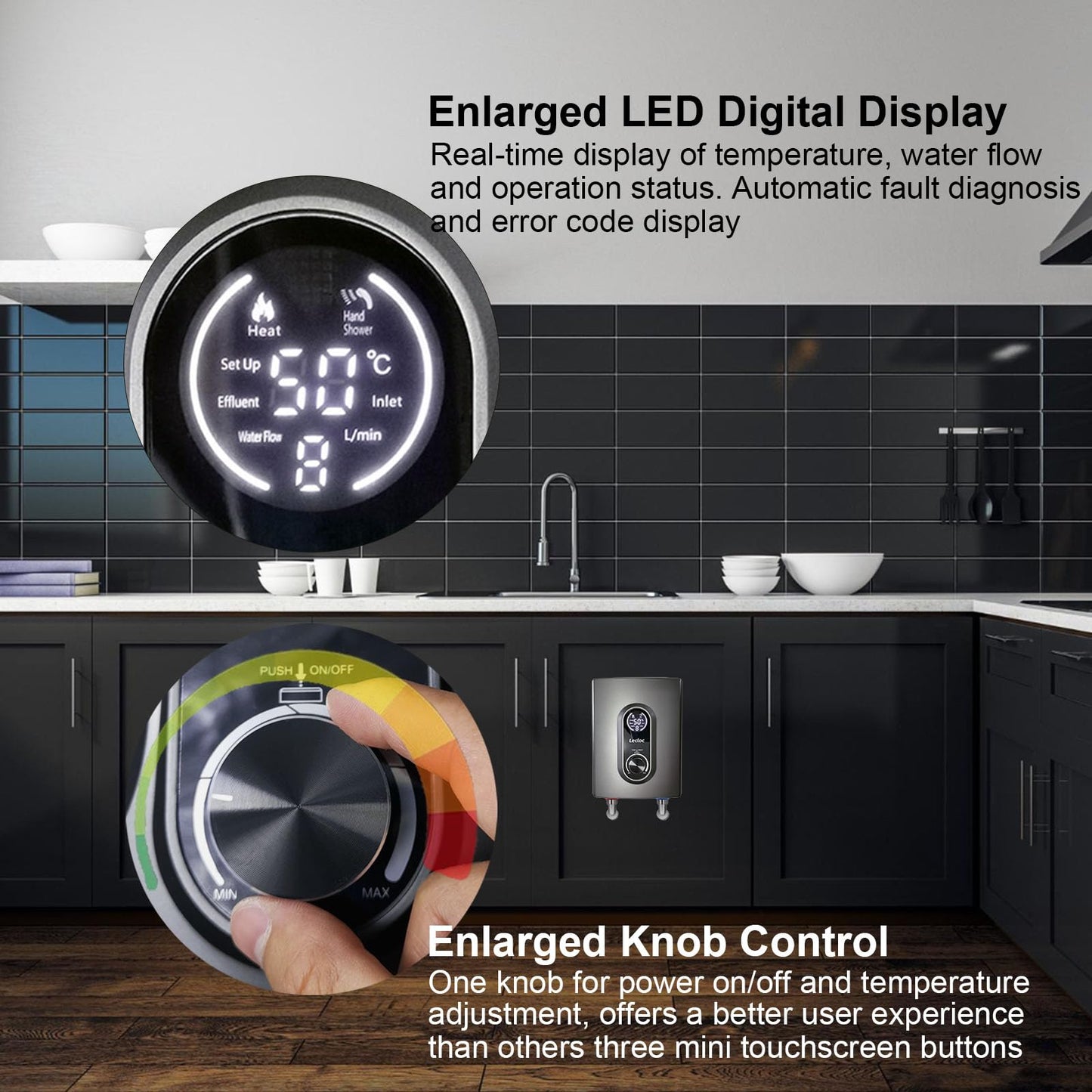 LECLOC Mini Tankless Instant Water Heater Under Sink 3000W 120V Plug In, LED Digital Display with Big Control Knob, IPX4, Multiple Safety Features, 30-55℃ Thermostatic On Demand Electric Water Heater