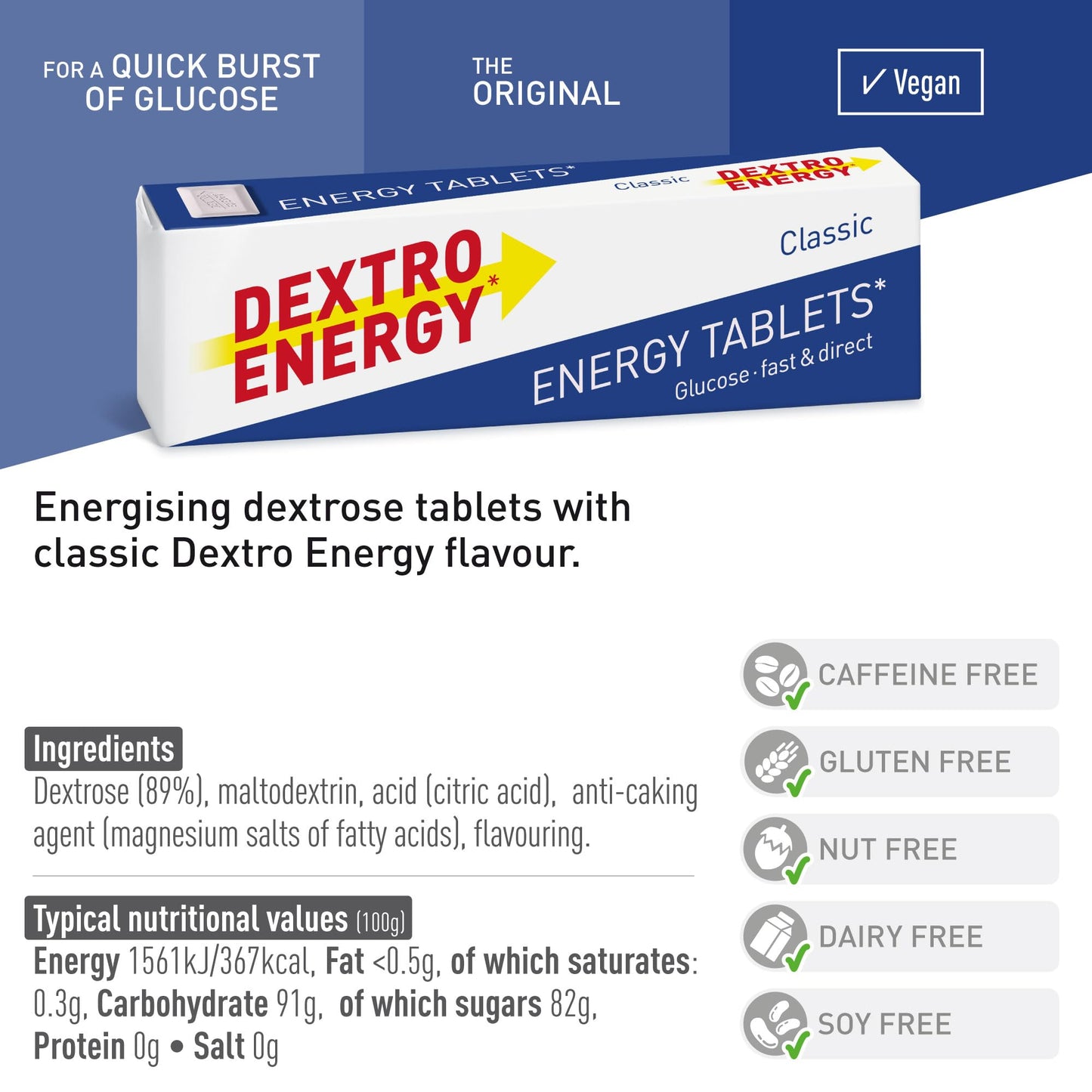 Dextro Energy Classic Tablets Fast Acting Carbohydrates For A Quick Burst Of Glucose Ideal On the Go Vegan 47g (Pack of 24)
