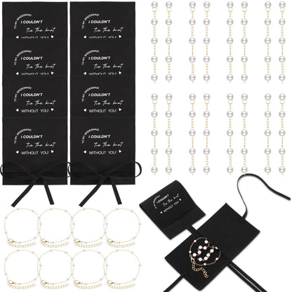 Liliaafar 24 Pcs 8 Set Jewelry Bridesmaid Gift Pearl Set Pearl Bracelet & Earrings, Jewelry Pouch with Bow Tie I Couldn't Tie The Knot Without You Wedding Bridal Shower Party Favor(Black)