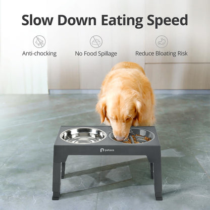 Petace Elevated Dog Bowls for Large Dogs, Raised Dog Bowl Stand with Slow Feeder Bowl & 2 Stainless Steel Dog Food Bowls, 5 Heights Adjustable for Small Medium Large Dogs and Pets