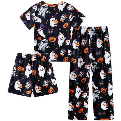 uideazone Size 9-10 Ghosts Pjs Set for Kids Girls Halloween 3 Piece Pajamas Set Cute Sleepwear Set Short Sleeve Shirt Shorts Pants