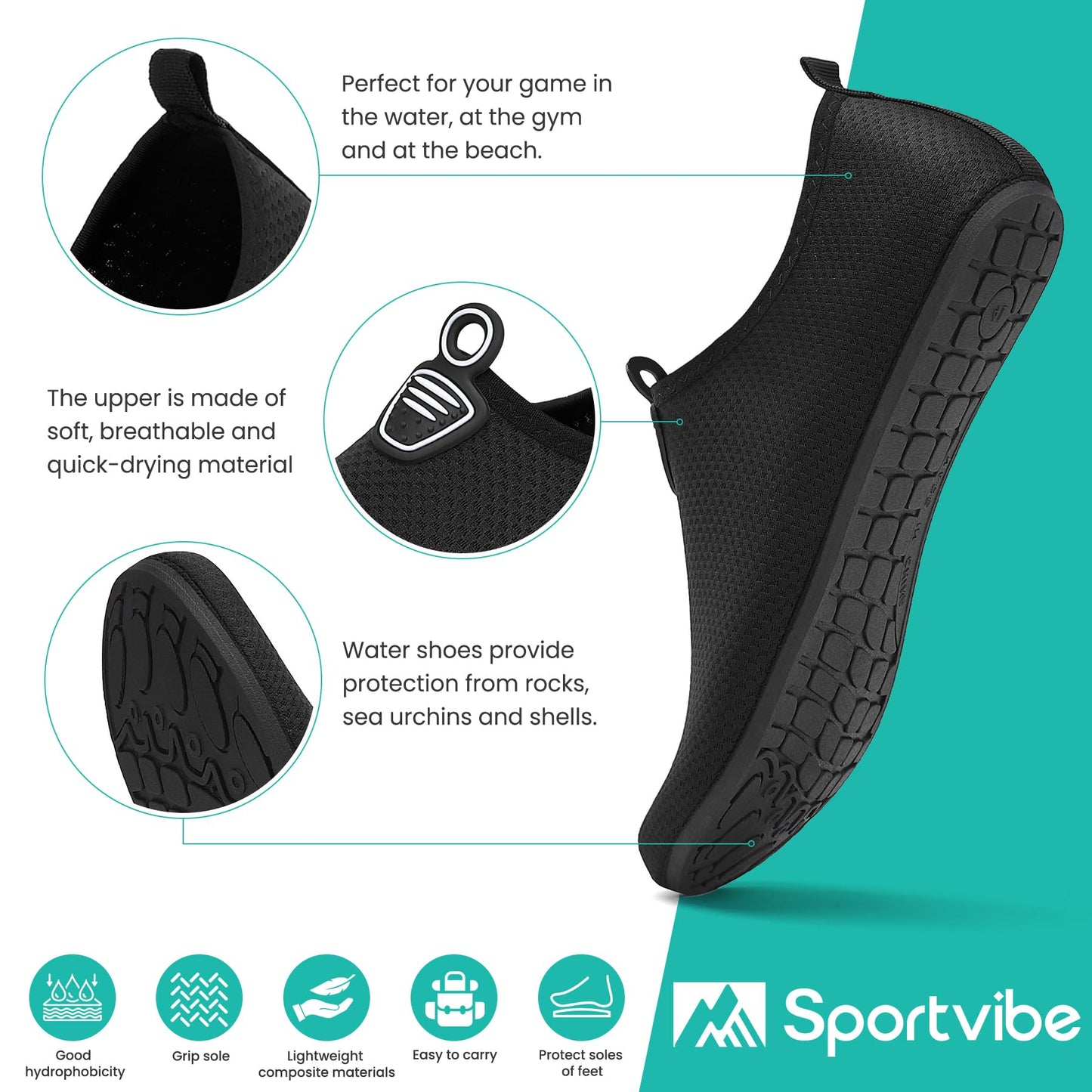 sportvibe Water Shoes Beach Shoes Lightweight Barefoot Aqua Quick Dry Breathable Swim for Women Men Surfing Running Driving Pool Yoga (Black,9 UK/43 EU)