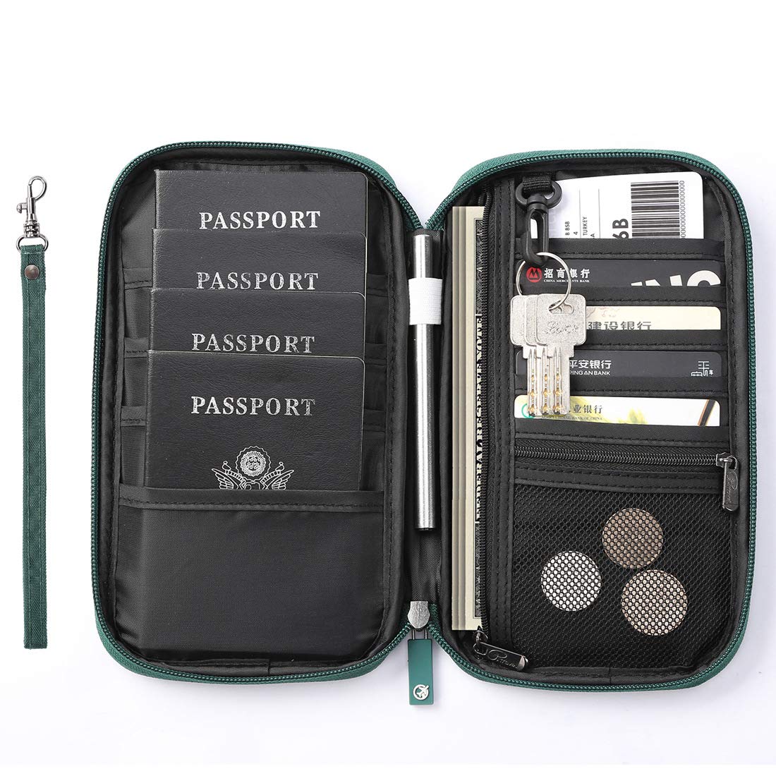 VanFn Travel Wallet Family Passport Holder RFID Blocking Travel Document Organiser Waterproof Holiday Passport Case Men Women for ID Card, Credit Cards, Flight Tickets, Money, Coins (Green)