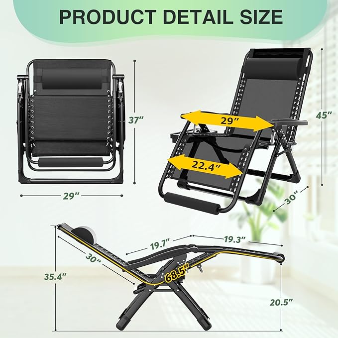 Suteck Oversized Zero Gravity Chair, 29In XL Outdoor Recliner Chair w/Removable Cushion&Headrest, Camping Lounge Chair w/Upgraded Lock&Footrest, Reclining Patio Chairs for Indoor Outdoor,500LBS