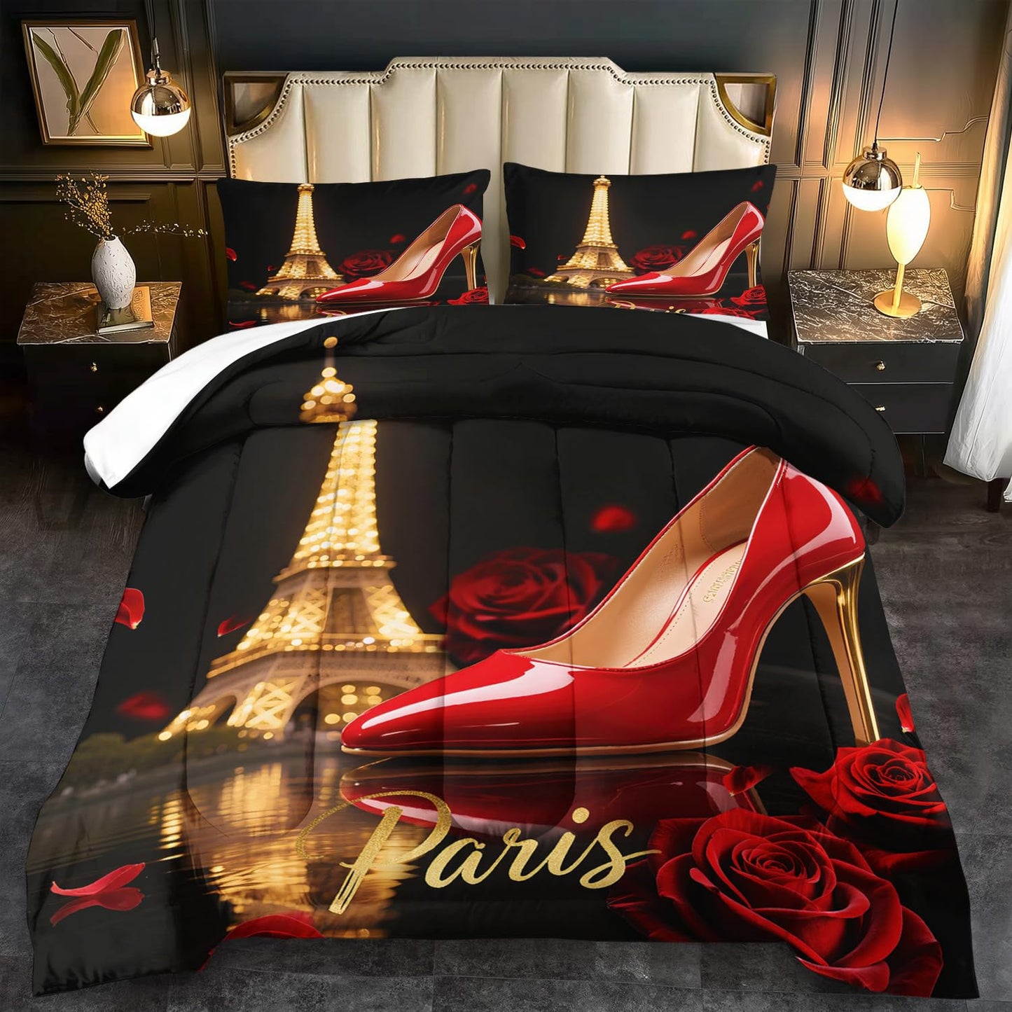 llyxsesty Paris Comforter Set King Women Eiffel Tower Bedding Set for Girls Red High Heels Comforter King Women Quilt Romantic Bedroom Decor Paris Bedding Rose Bed Decor