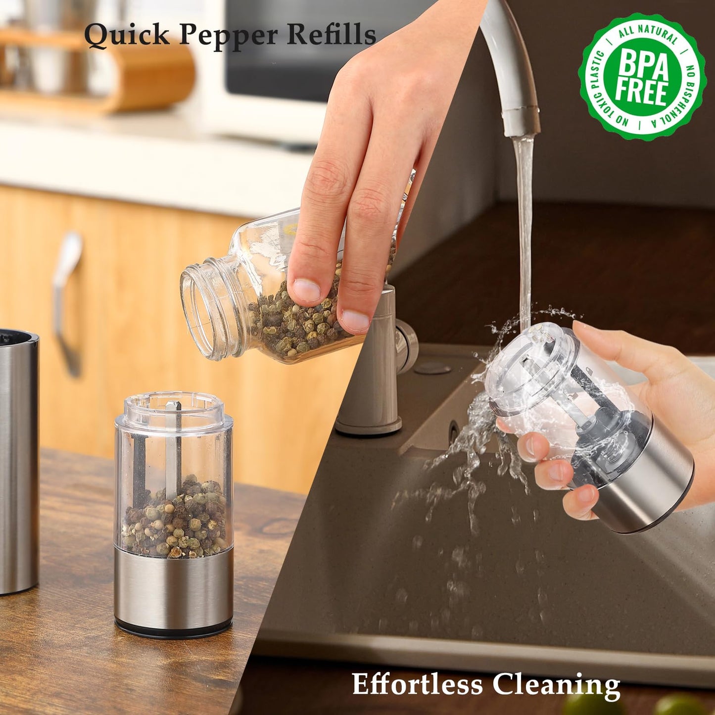 Electric Salt and Pepper Grinder, USB Rechargeable, Automatic Salt and Pepper Shaker, Adjustable Coarseness, Electric Pepper Mill, LED Light, Refillable, Kitchen Gadget (1-Pack, Stainless Steel)
