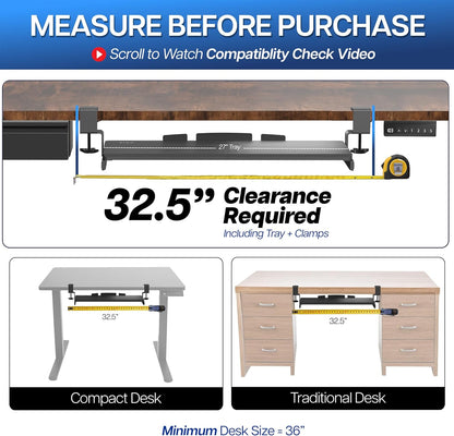 VIVO Large Keyboard Tray Under Desk Pull Out with Extra Sturdy C Clamp Mount System, 27 (33 Including Clamps) x 11 Inch Slide-Out Platform Computer Drawer for Typing, Black, MOUNT-KB05E