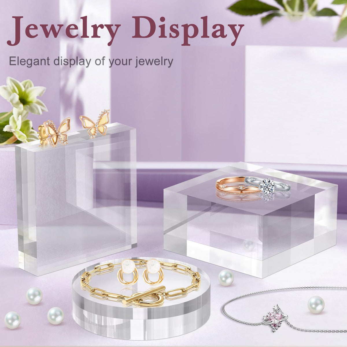 SAMYUCHO Acrylic Base Stand 4 Pieces Acrylic Blocks for Display 4 X 4 X 2 Inch Clear Polished Block Square Cube Riser Display Pedestal Stands for Jewelry Perfume Ring Collection Props Cake