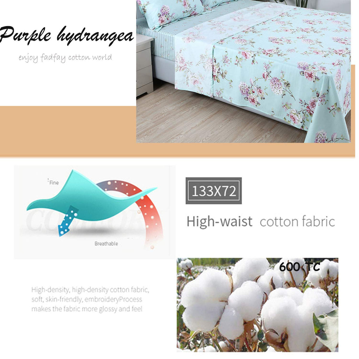 FADFAY Premium 100% Cotton Floral Sheet Set Queen – French Country Rose & Hydrangea Botanical Bedding, Ultra Soft Breathable Vintage Garden Bed Sheets, Deep Pocket Fitted Sheet, 4-Piece