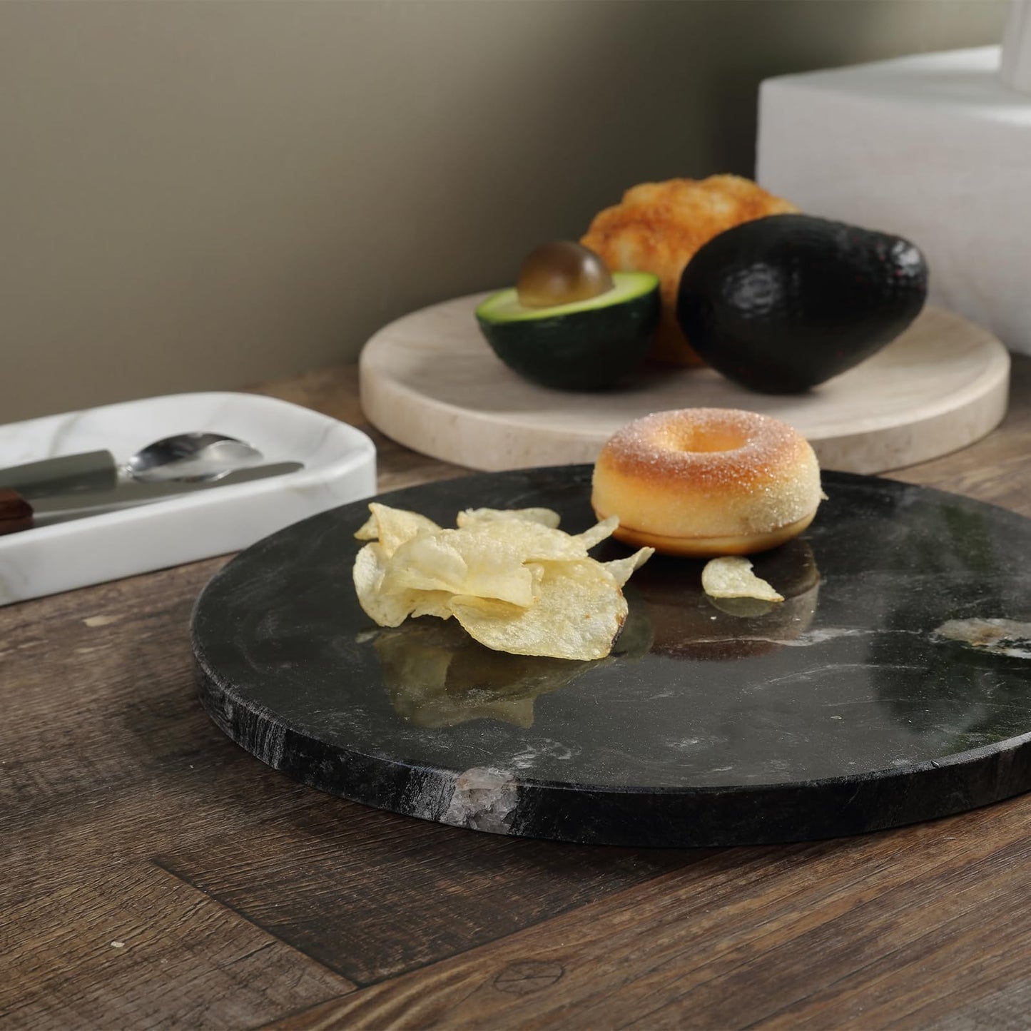 Koville Brazilian Natural Granite Round Cutting Board for Kitchen, 11" Round Hand Crafted Stone Slab for Cheese, Charcuterie, Pastry Board - Wedding Gift, House Warming Gift(Blue Fantasy)