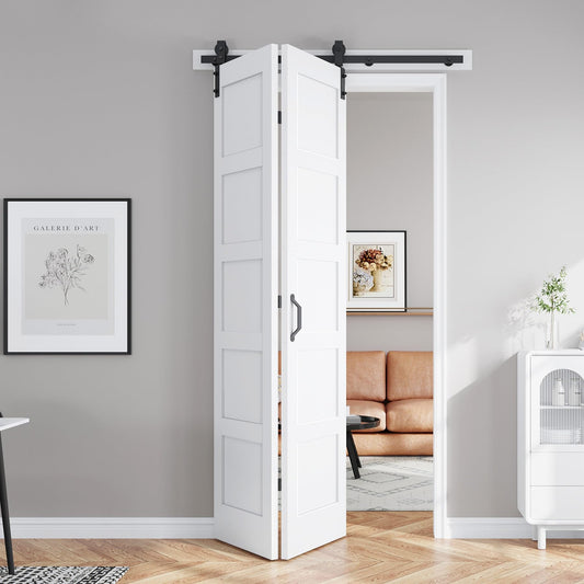 FREDBECK Bifold Barn Door 48x96 (Double 24x96) Bi-fold Closet Doors Hardware Kit Included,with 52" Track White