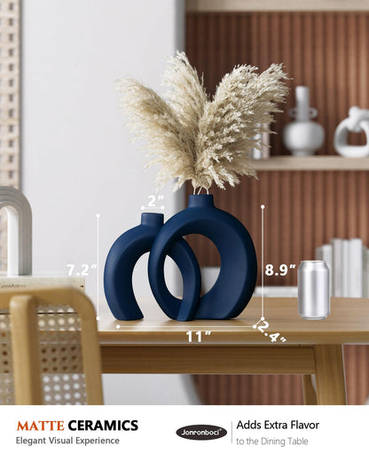 Blue Vase Set of 2 - Donut Navy Vases Home Decor, Modern Coastal Decor - Decorative Vase, Ceramic Decorations for Living Room Coffee Table Bookshelf Shelf Console Mantle (Matte Navy Blue)