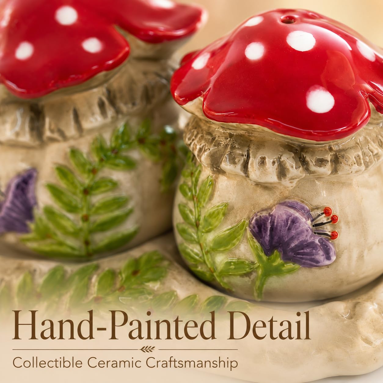 Blue Sky Clayworks Flourishing Mushroom Salt and Pepper Set with Delecate Violet Floral Accents
