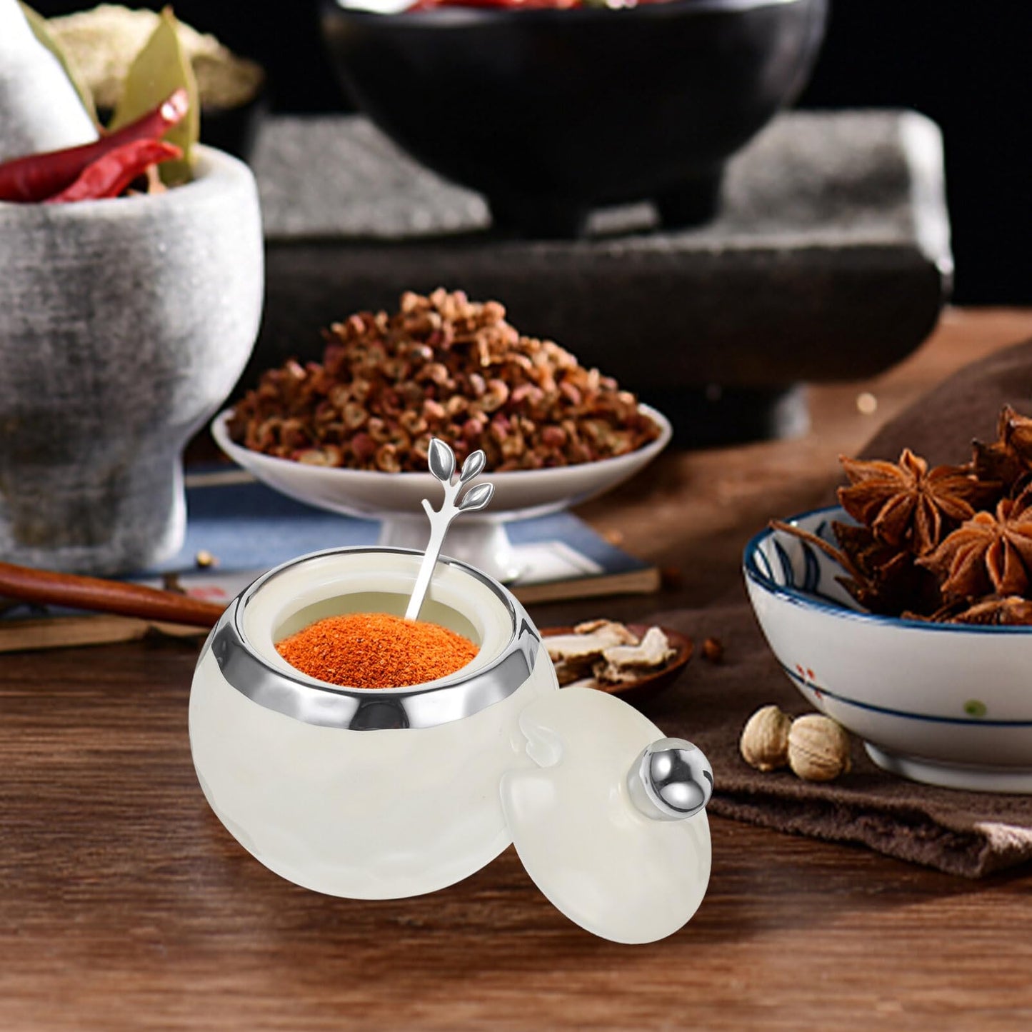 Kichvoe Porcelain Seasoning Jar with Lid and Spoon 3.74 Inch Ceramic Sugar Container Multifunctional Condiment Holder for Kitchen and Dining