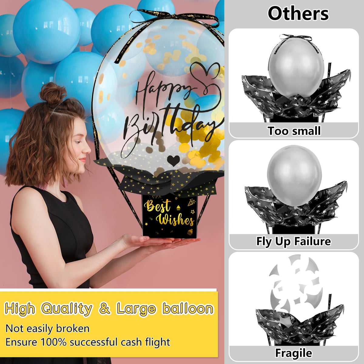 UQM Upgraded Birthday Money Box for Cash Gift Pull, Funny Pull Money Balloon Box Happy Birthday Surprise Set, Birthday Gifts for Women Men Best Friend Girlfriend Wife Sister