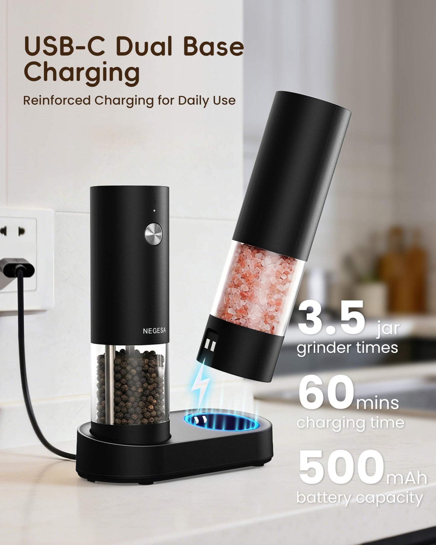 Electric Salt and Pepper Grinder Set, Rechargeable USB Base, Automatic One-Hand Operation, 6 Adjustable Coarseness, 140ml Capacity, LED Light, Refillable for Kitchen, Housewarming Gift