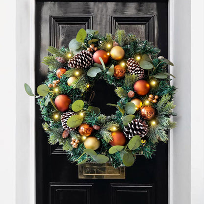 WANNA-CUL Pre-Lit 20 Inch Lighted Christmas Wreath for Front Door Decoration with Copper Gold Christmas Ball Ornaments,Battery Operated 30 LED Lights