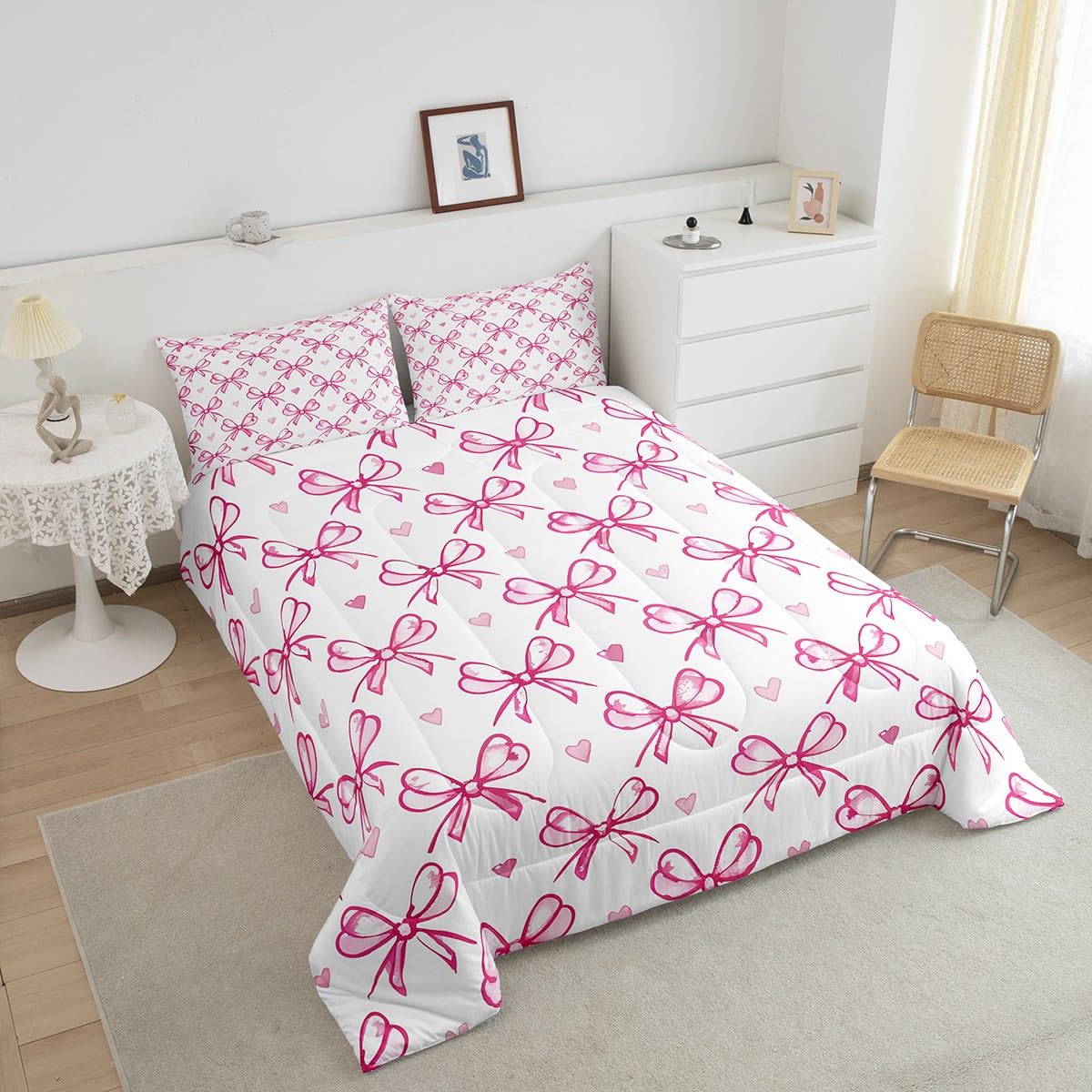 Pink Bow Girlish Kids Comforter Set Queen Size,Bowknot Love Heart Hand Paint Cute Bedding Set,Girls Women Room Decor,Princess Style Bow Tie Down Comforter,Girly Romantic Duvet Insert,2 Pillowcases