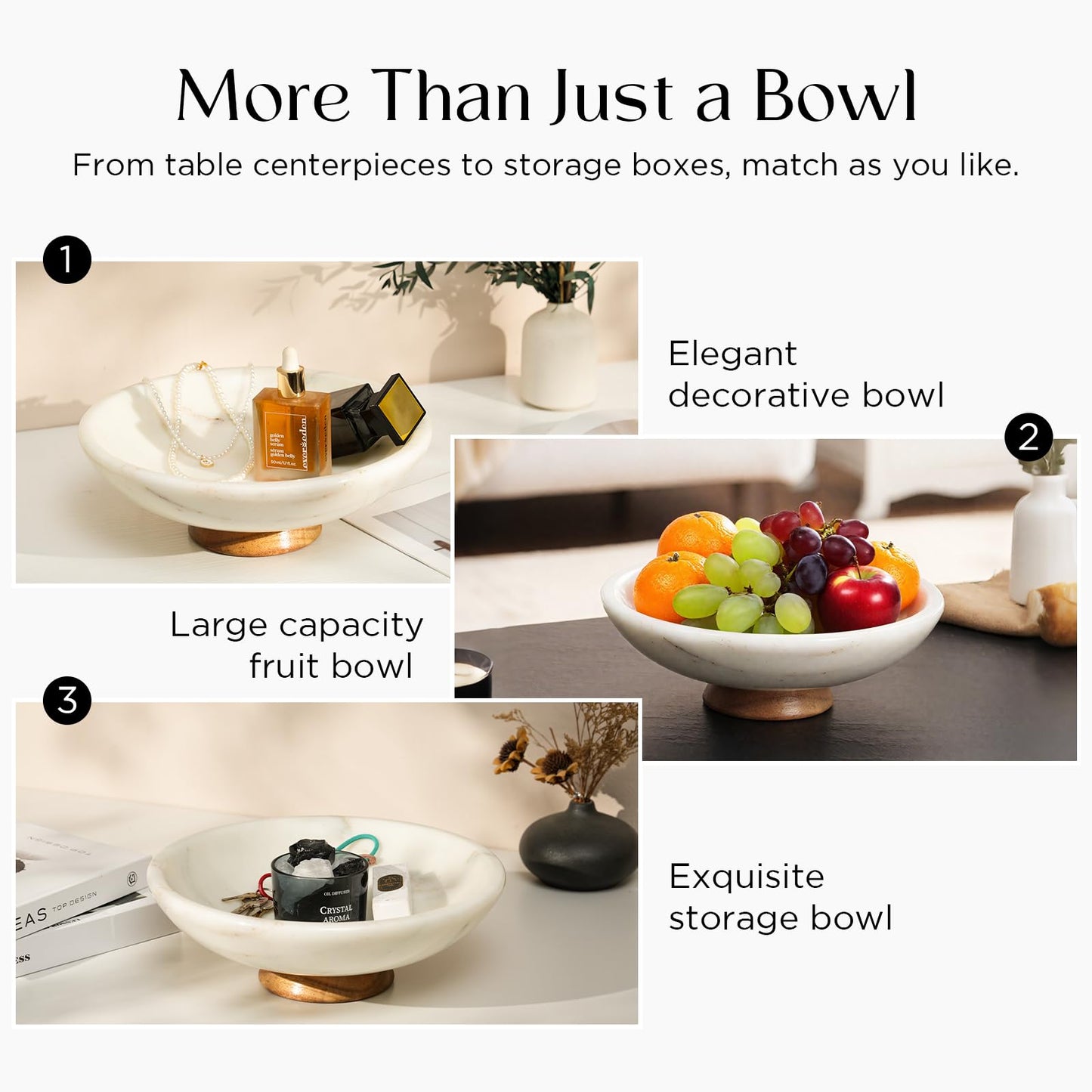 SAMAH White Marble Fruit Bowl with Acacia Wood Pedestal, Large Decorative Footed Bowl, Natural Stone Centerpiece for Kitchen Counter, Entryway, Keys, Dining Table, House Warming Gifts New Home(11Inch)