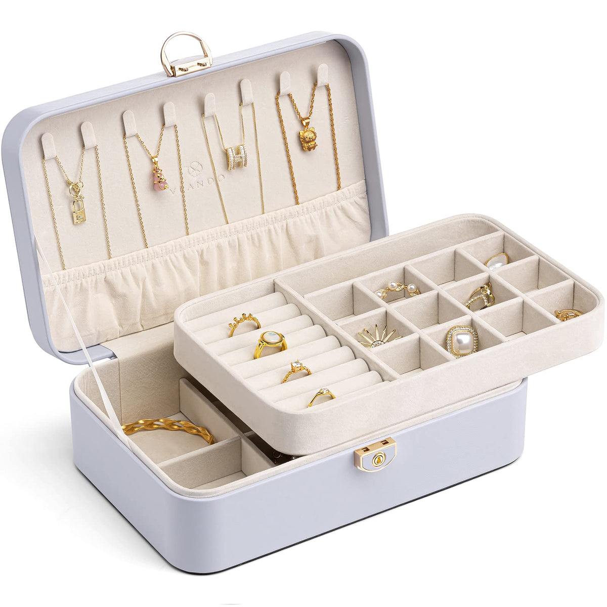 Vlando Jewelry Box Organizer for Girl,Faux Leather Lockable Jewelry Holder Organzier Case Boxes with 2 Layers,Earrings Necklace,Rings Storage,Wedding Warm Gifts Purple