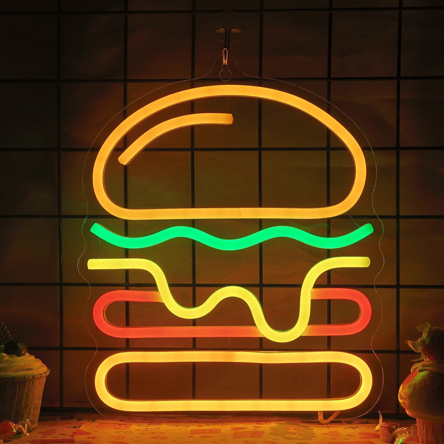 Attivolife Hamburger Neon Sign for Wall Decor, Light up Delicious Food Hamburg LED Lamp with Dim USB Powered, Unique Business Fast Food Shop Restaurant Decoration, Christmas Day Birthday Party