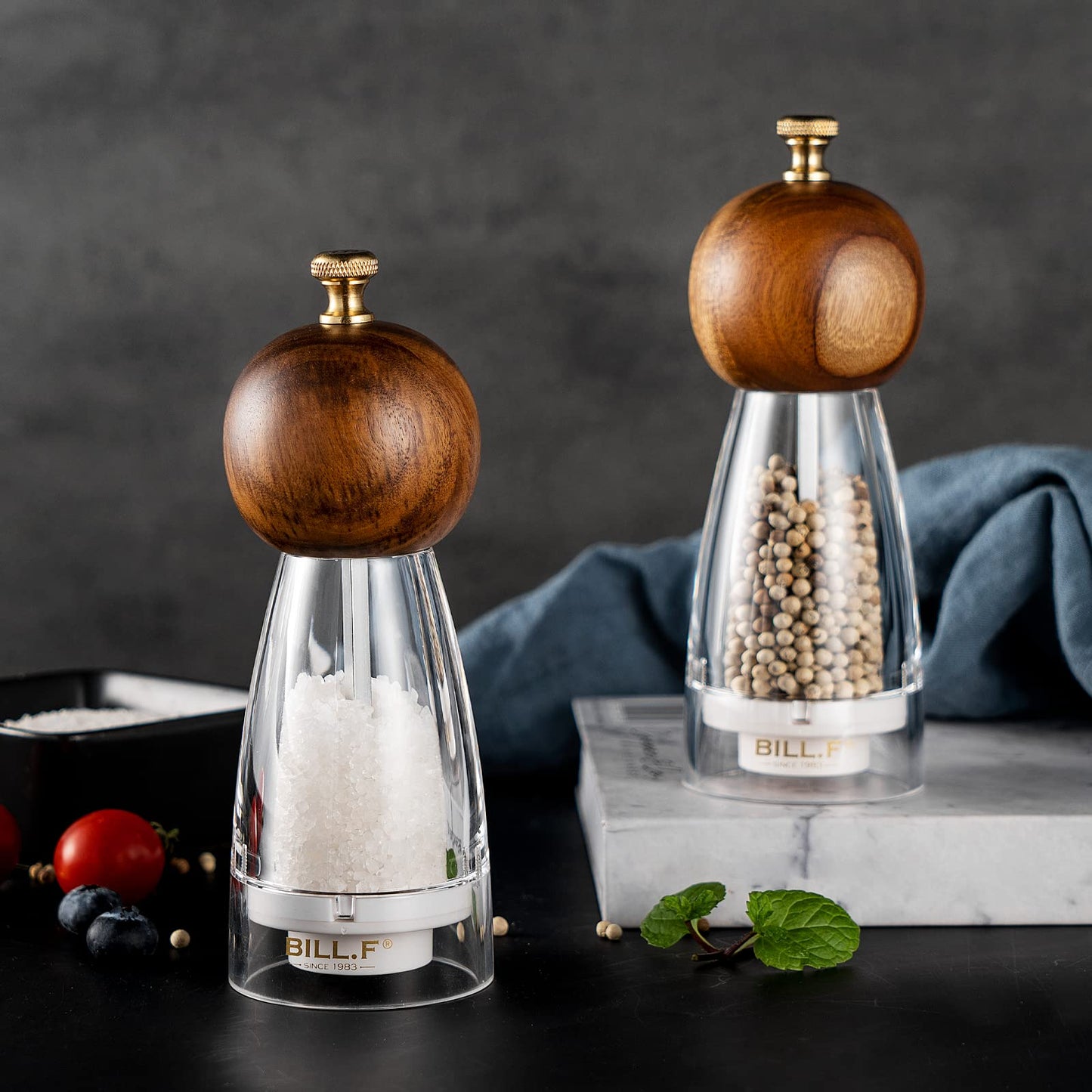 Wood Salt and Pepper Grinders Refillable Set of 2 - Refillable Acrylic Salt Shaker or Pepper Shaker Two 5 oz Salt - Pepper Mill or Salt Mill - Spice Grinder - Easy Clean Ceramic Grinders