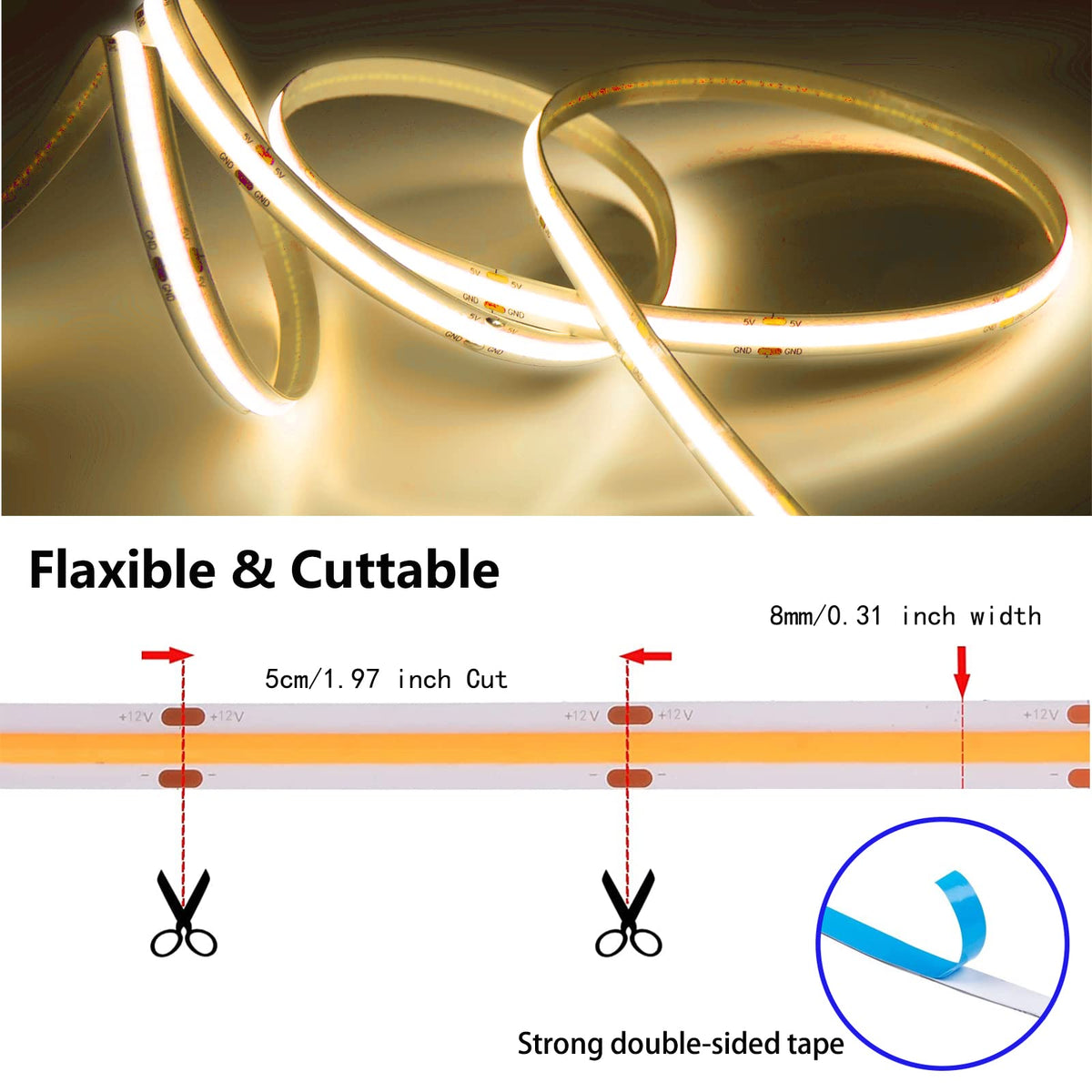 MDee】COB LED Strip Lights 3000K Warm White 16.4ft/5m USB Powered 5V Flexible LED Tape Lights with USB Connector CRI 90+ 800LM/m 320LEDs/m for Indoor and Outdoor Décor（3000K Warm White16.4ft/5m）
