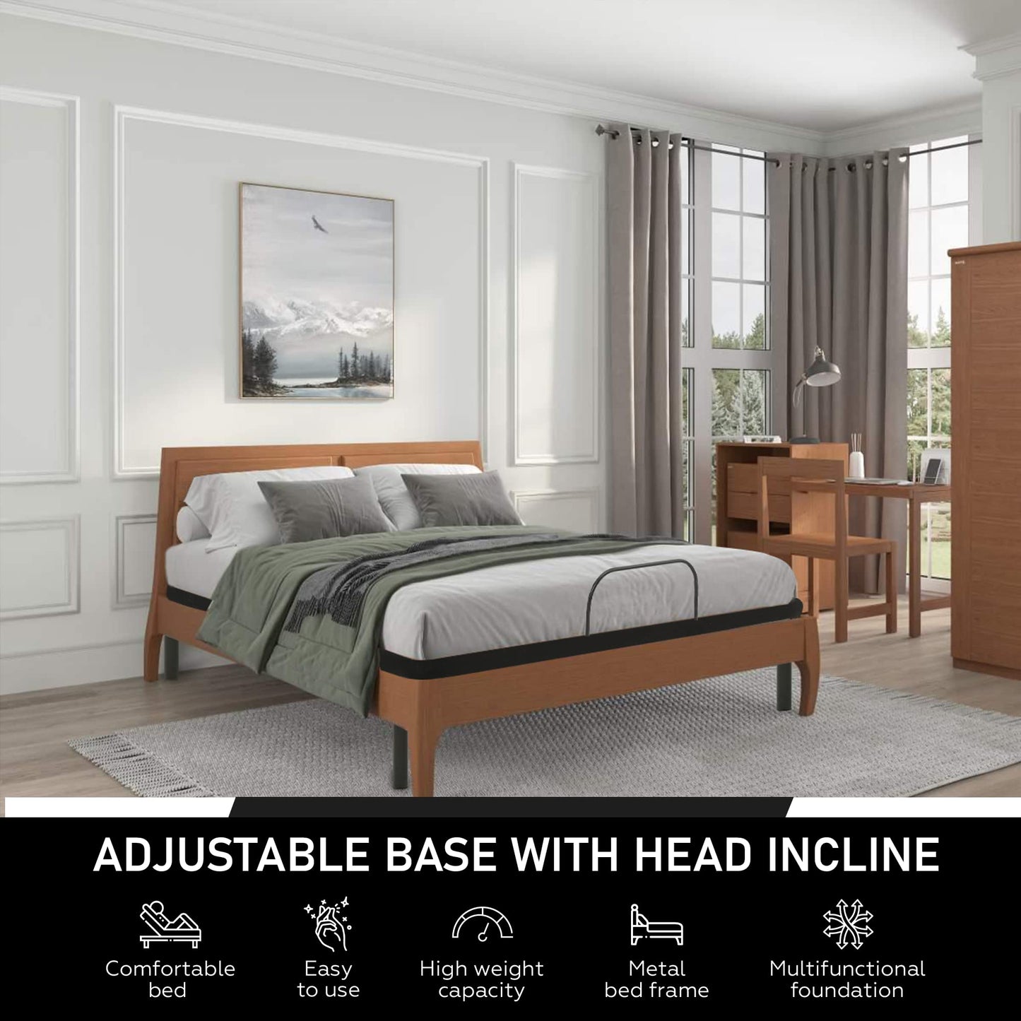 Greaton 15-inch Adjustable Bed Frame with Decorative Fabrics | Head Inclining with Wired Remote, Protective Foot Retainer Bar, 12-inch Patented Screw-In Durable Legs, Twin XL, White