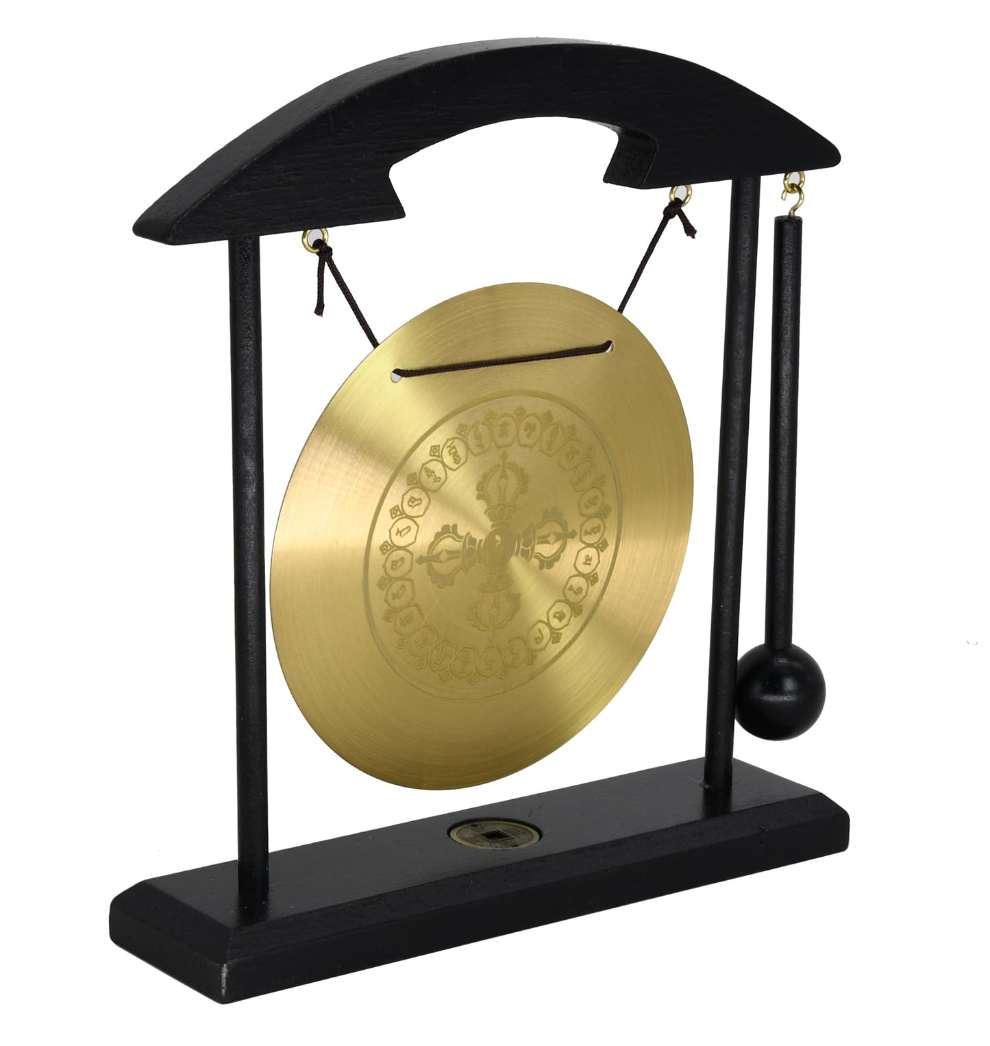 Feng Shui Desktop Gong Set, Brass Gong with Cross Vajra (Dorje) Center & Om Mani Padme Hum Mantra Ring, Solid Wood Frame & Mallet, Tibetan Zen Decor for Meditation & Energy Clearing, 11.1"W x 7.9"H