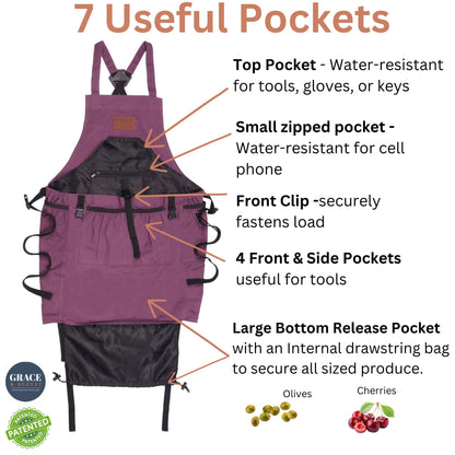 Grace and August Gardening Apron with Pockets for Women & Men - Unique Gardening Gift for Gardeners - Garden Apron 7 Pockets & Internal Drawstring Bag