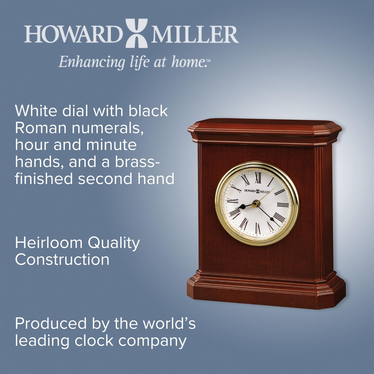 Howard Miller Windsor Carriage Tabletop Clock – Hardwood, Roman Numerals, Quartz Movement, Acrylic Crystal, Battery Operated