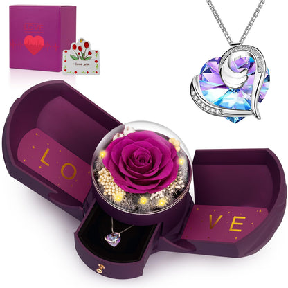Preserved Real Purple Rose with Necklace Forever Flowers Rose Valentines Day Gifts for Her Wife Girlfriend Women Mom Grandma on Valentines Mothers Day Sweetest Day Christmas Anniversary Romantic-Purple