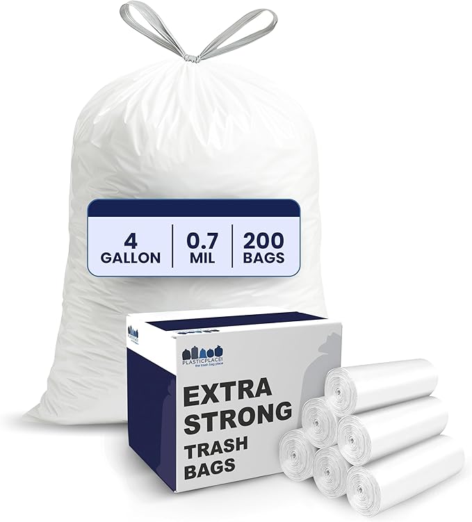 Plasticplace 4 Gallon White Drawstring Trash Bags, and Car Use