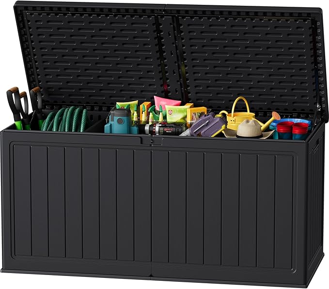 JUMMICO 270 Gallon Outdoor Storage Deck Box with Divider, Double Wall Storage Box with Lockable Lid for Garden Tools, Pools Supplies (Black)