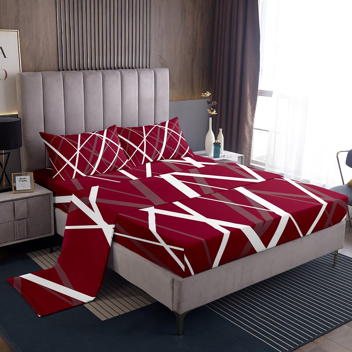 jejeloiu Kids Sheet Set Queen Size, Brown Bed Sheets Set Boys Girls Geometric Bedding Set Stripes Teens Bedroom Decor Microfiber Soft Bed Set