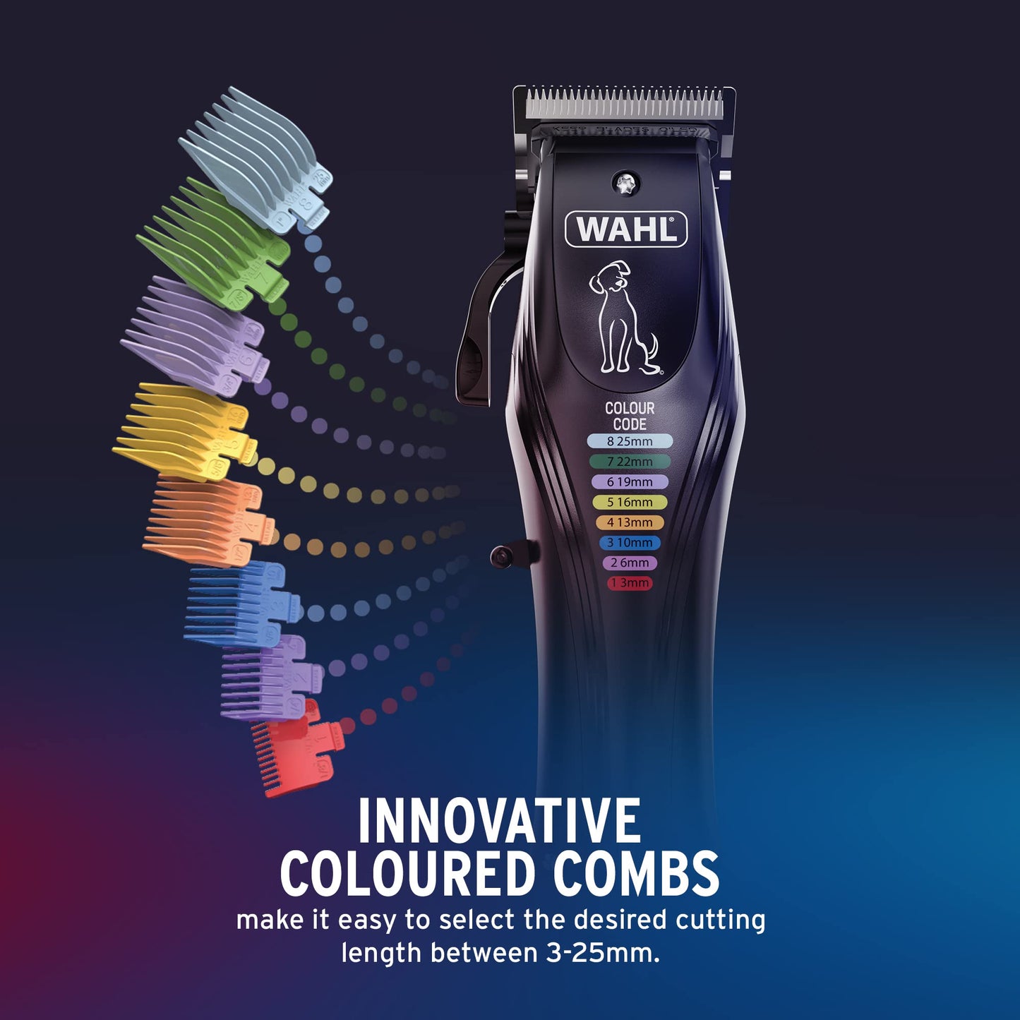 WAHL Colour Pro Rechargeable Pet Clipper, Clippers with Coded Combs, Full Coat Grooming for Dogs, Low Noise, Corded/Cordless Dog Clippers, Black