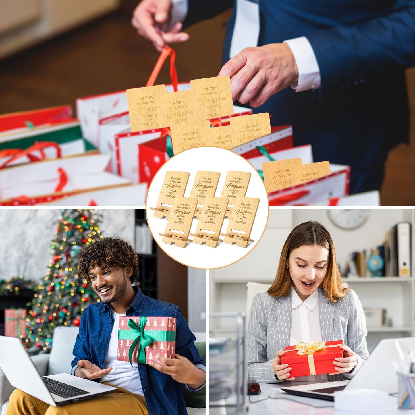 Ripeng 24 Pcs Employee Appreciation Gifts Bulk Bamboo Phone Stand for Desk Office Worker Thank You Gift for Administrative Team Coworkers Staff Graduation Nurse Teacher Week (Awesome Reminder)
