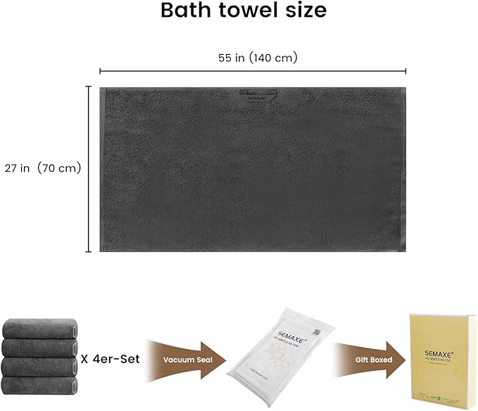 SEMAXE Grey Bath Towels Set of 4, 100% Cotton Luxury Bathroom Towels, and