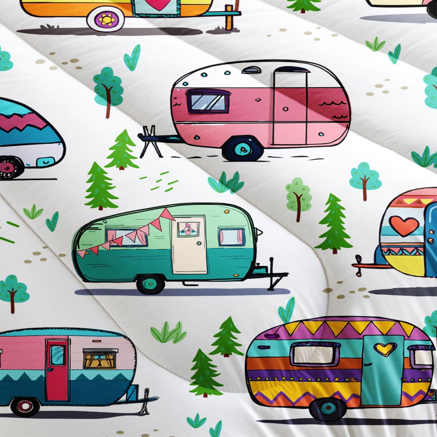 HOSIMA Happy Camping Bedding Queen Comforter Set for Girls Boys,Rustic Farmhouse Camping Trailer Bedding Set,Camping Trailer Forest Printed Comforter Kids Bedding Set with 2 Pillowcases.